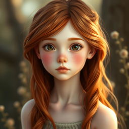A realistic full-body portrait of a petite, slender, pale redhead with a cute freckled face