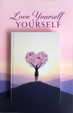A visually captivating book cover titled 'Love Yourself', featuring a serene and peaceful landscape with a large heart made of flowers at the center