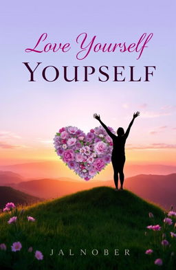 A visually captivating book cover titled 'Love Yourself', featuring a serene and peaceful landscape with a large heart made of flowers at the center