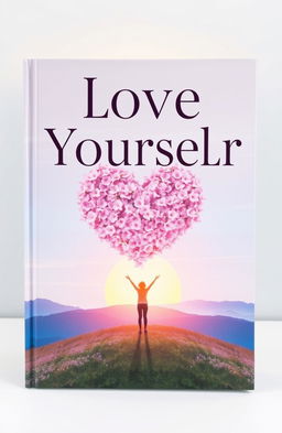 A visually captivating book cover titled 'Love Yourself', featuring a serene and peaceful landscape with a large heart made of flowers at the center