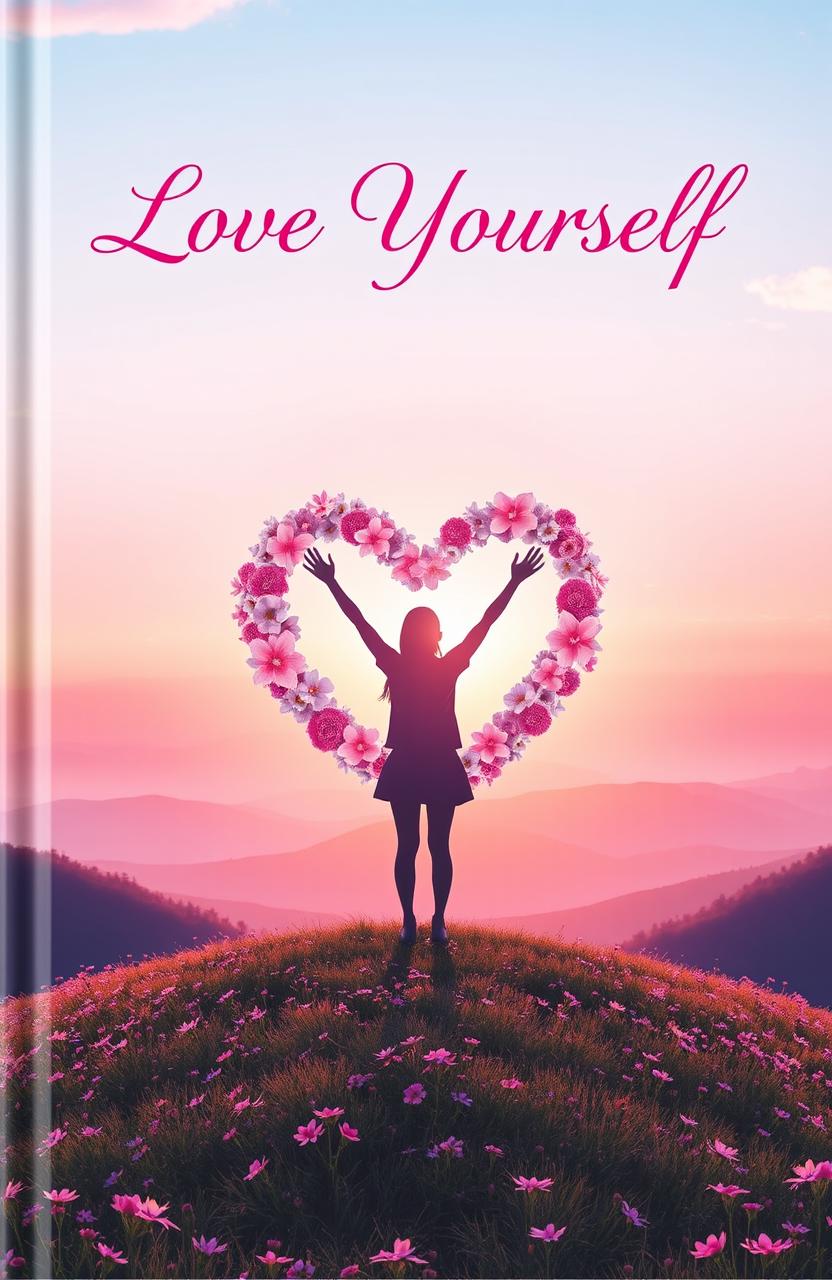 A visually captivating book cover titled 'Love Yourself', featuring a serene and peaceful landscape with a large heart made of flowers at the center