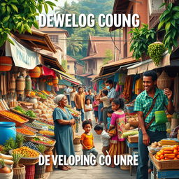 A captivating poster showcasing a developing country, featuring a lively street scene in a bustling market