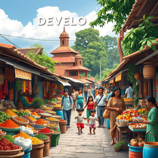 A captivating poster showcasing a developing country, featuring a lively street scene in a bustling market