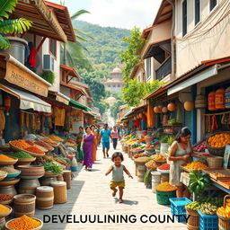 A captivating poster showcasing a developing country, featuring a lively street scene in a bustling market