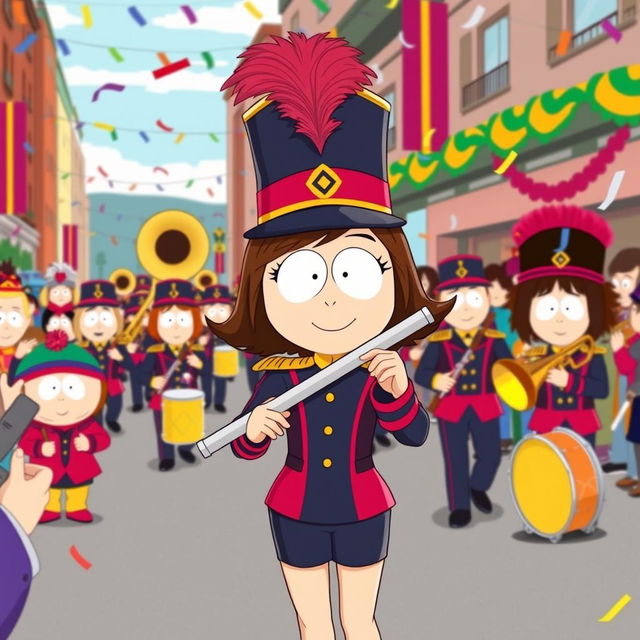 A dynamic scene featuring Wendy from South Park as a key member of a marching band, illustrated in the show's signature cartoon style