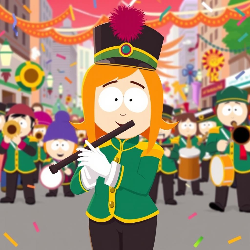 A dynamic scene featuring Wendy from South Park as a key member of a marching band, illustrated in the show's signature cartoon style