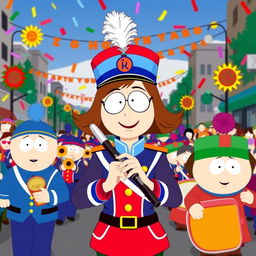 A dynamic scene featuring Wendy from South Park as a key member of a marching band, illustrated in the show's signature cartoon style
