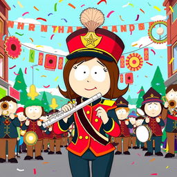 A dynamic scene featuring Wendy from South Park as a key member of a marching band, illustrated in the show's signature cartoon style