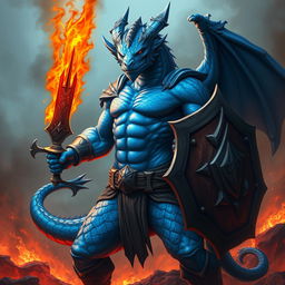 A blue dragonborn barbarian standing fiercely with a flaming sword in one hand and a shield in the other