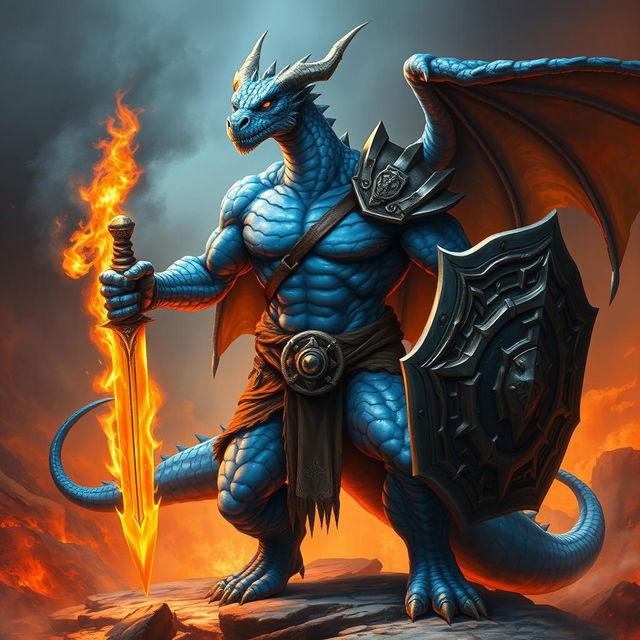 A blue dragonborn barbarian standing fiercely with a flaming sword in one hand and a shield in the other