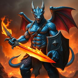 A blue dragonborn barbarian standing fiercely with a flaming sword in one hand and a shield in the other