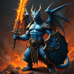 A blue dragonborn barbarian standing fiercely with a flaming sword in one hand and a shield in the other