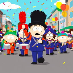 An animated scene showcasing a lively South Park marching band, featuring characters styled in the signature visual aesthetic of the series