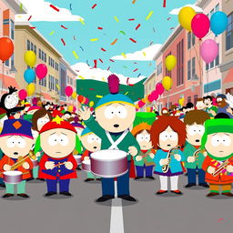 An animated scene showcasing a lively South Park marching band, featuring characters styled in the signature visual aesthetic of the series