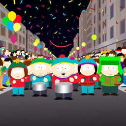 An animated scene showcasing a lively South Park marching band, featuring characters styled in the signature visual aesthetic of the series