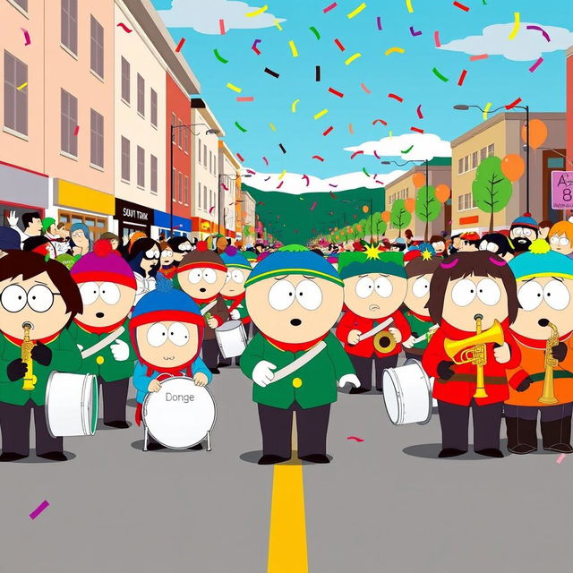 An animated scene showcasing a lively South Park marching band, featuring characters styled in the signature visual aesthetic of the series