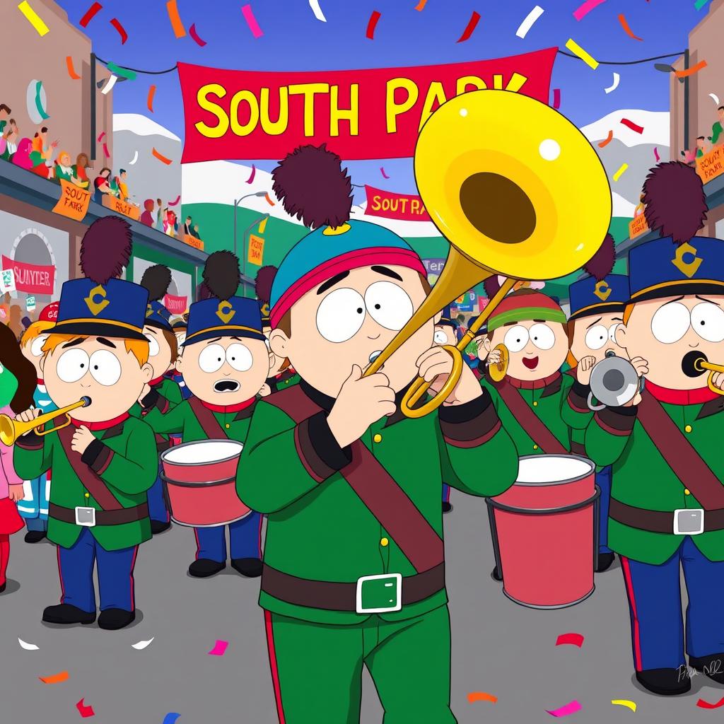 A vibrant scene featuring a marching band from South Park, with a focus on a character playing a trombone, illustrated in the show's iconic cartoon style