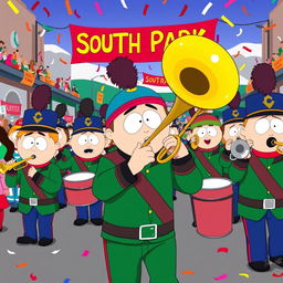 A vibrant scene featuring a marching band from South Park, with a focus on a character playing a trombone, illustrated in the show's iconic cartoon style