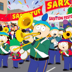A vibrant scene featuring a marching band from South Park, with a focus on a character playing a trombone, illustrated in the show's iconic cartoon style