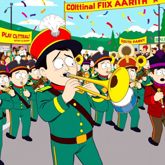 A vibrant scene featuring a marching band from South Park, with a focus on a character playing a trombone, illustrated in the show's iconic cartoon style