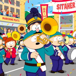 A vibrant scene featuring a marching band from South Park, with a focus on a character playing a trombone, illustrated in the show's iconic cartoon style