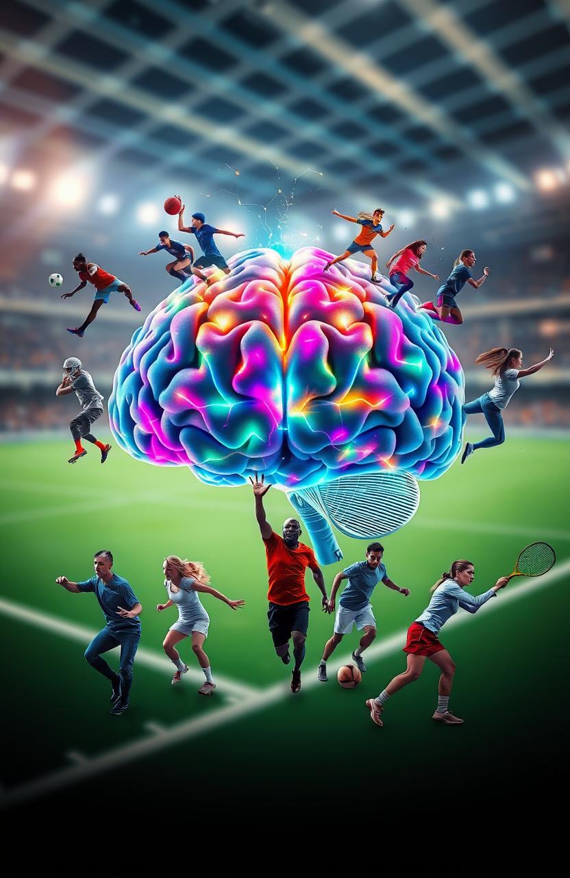 A creative and dynamic representation of psychology and sports, featuring a large, vibrant brain at the center, surrounded by a diverse group of athletes in action poses