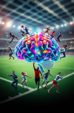 A creative and dynamic representation of psychology and sports, featuring a large, vibrant brain at the center, surrounded by a diverse group of athletes in action poses