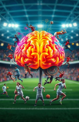 A creative and dynamic representation of psychology and sports, featuring a large, vibrant brain at the center, surrounded by a diverse group of athletes in action poses