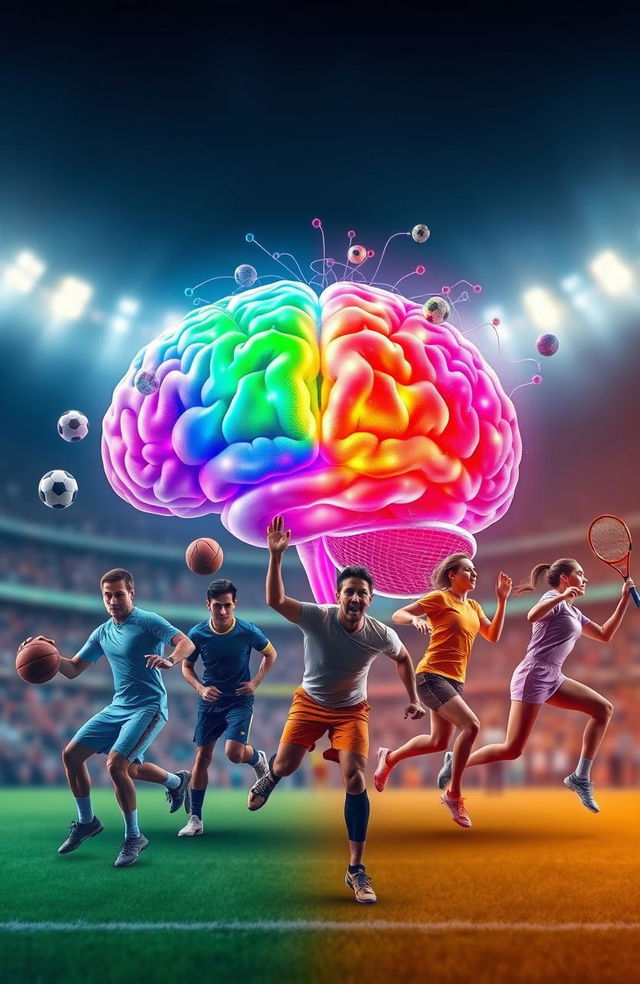 A creative and dynamic representation of psychology and sports, featuring a large, vibrant brain at the center, surrounded by a diverse group of athletes in action poses