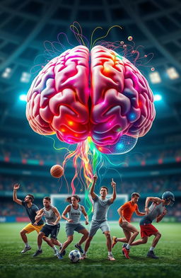 A creative and dynamic representation of psychology and sports, featuring a large, vibrant brain at the center, surrounded by a diverse group of athletes in action poses