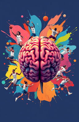A creative illustration featuring a detailed human brain at the center, surrounded by various sports players in action, such as a basketball player dunking, a football player kicking, a tennis player swinging, and a sprinter taking off