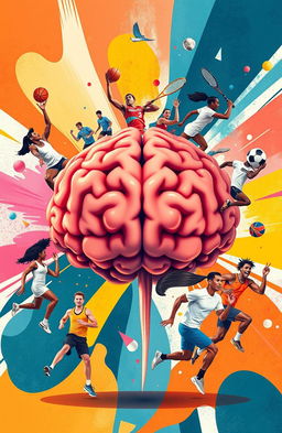 A creative illustration featuring a detailed human brain at the center, surrounded by various sports players in action, such as a basketball player dunking, a football player kicking, a tennis player swinging, and a sprinter taking off