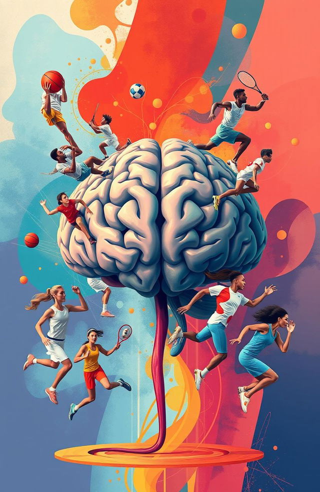 A creative illustration featuring a detailed human brain at the center, surrounded by various sports players in action, such as a basketball player dunking, a football player kicking, a tennis player swinging, and a sprinter taking off