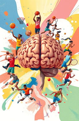 A creative illustration featuring a detailed human brain at the center, surrounded by various sports players in action, such as a basketball player dunking, a football player kicking, a tennis player swinging, and a sprinter taking off