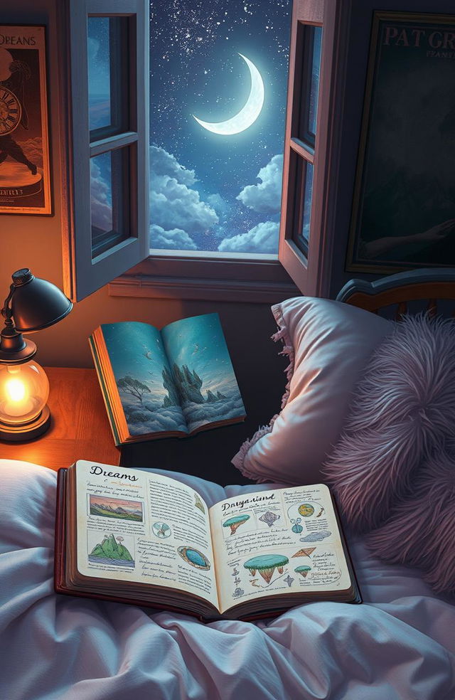 A surreal dream journal scene depicted in a cozy, dimly lit bedroom