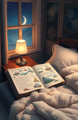 A surreal dream journal scene depicted in a cozy, dimly lit bedroom