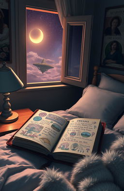A surreal dream journal scene depicted in a cozy, dimly lit bedroom