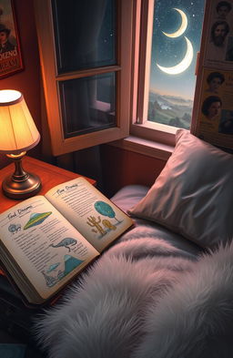 A surreal dream journal scene depicted in a cozy, dimly lit bedroom