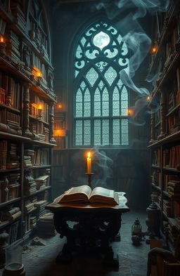 A mystical scene depicting a hidden ancient library, filled with towering shelves of old books, scrolls, and mysterious artifacts