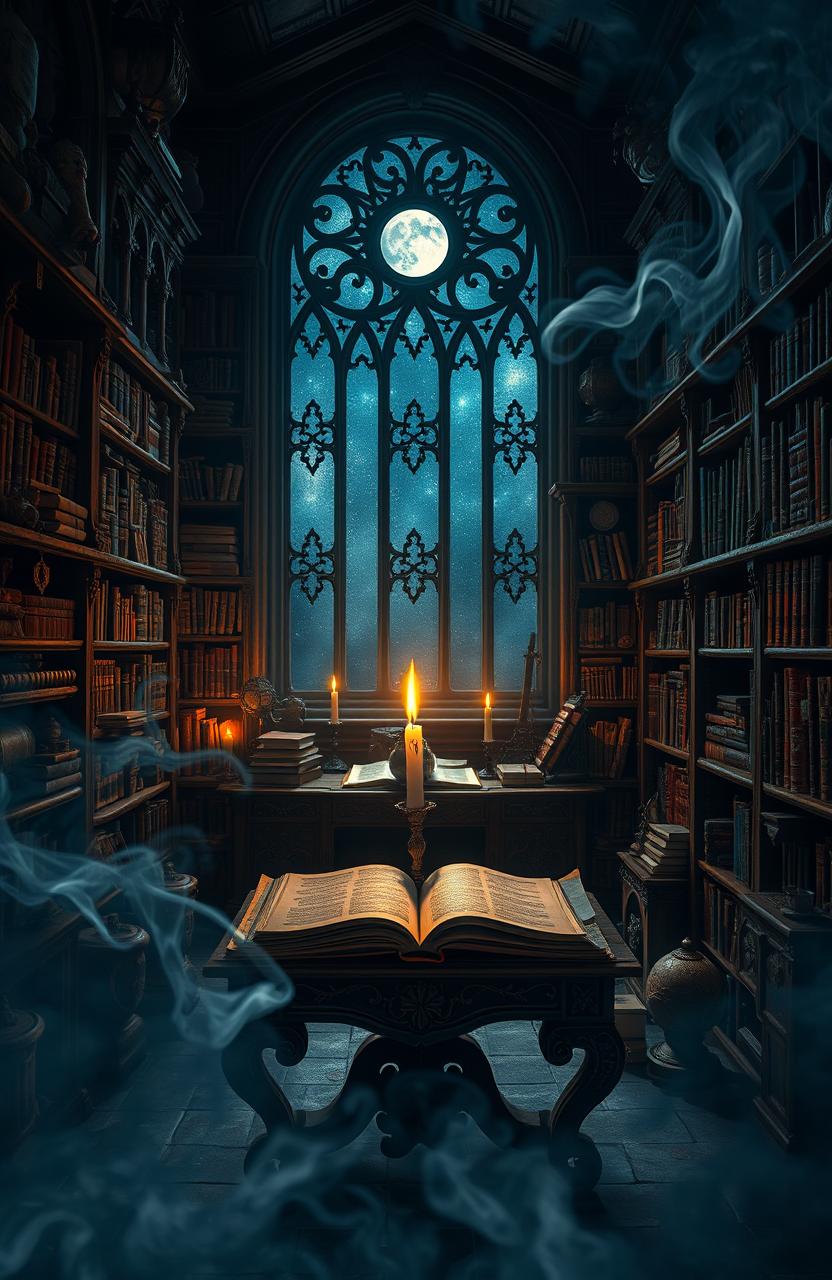 A mystical scene depicting a hidden ancient library, filled with towering shelves of old books, scrolls, and mysterious artifacts