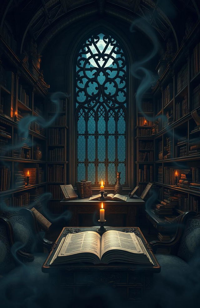 A mystical scene depicting a hidden ancient library, filled with towering shelves of old books, scrolls, and mysterious artifacts