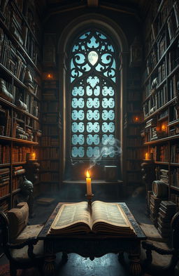 A mystical scene depicting a hidden ancient library, filled with towering shelves of old books, scrolls, and mysterious artifacts