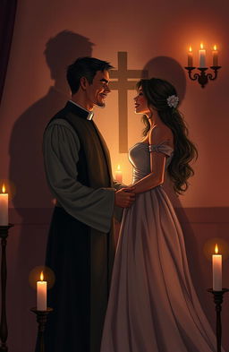 A romantic scene depicting a priest and his lover in a secluded, candle-lit room