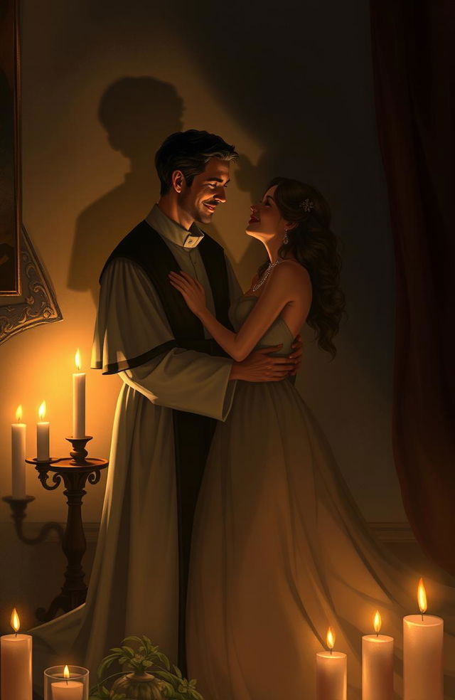 A romantic scene depicting a priest and his lover in a secluded, candle-lit room