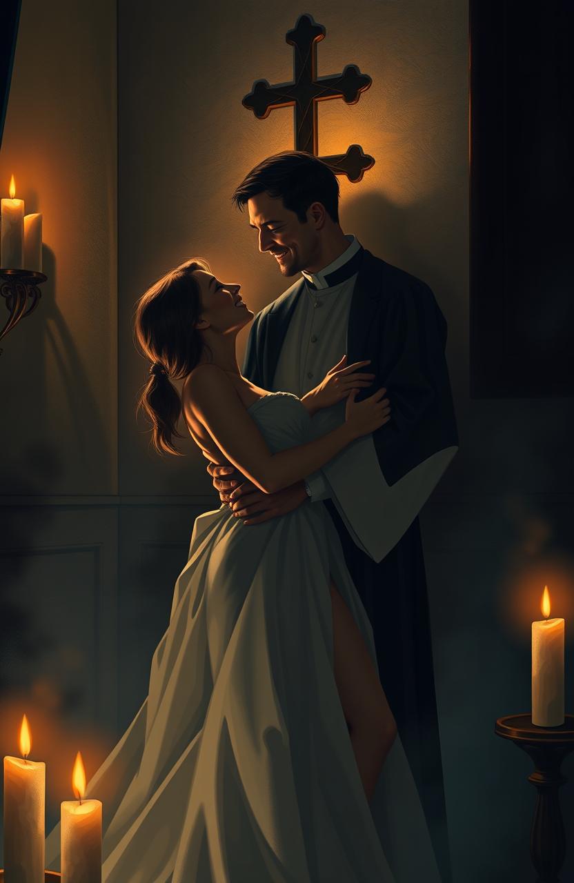 A romantic scene depicting a priest and his lover in a secluded, candle-lit room