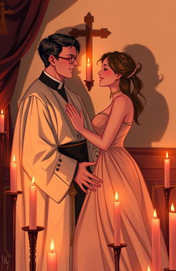A romantic scene depicting a priest and his lover in a secluded, candle-lit room