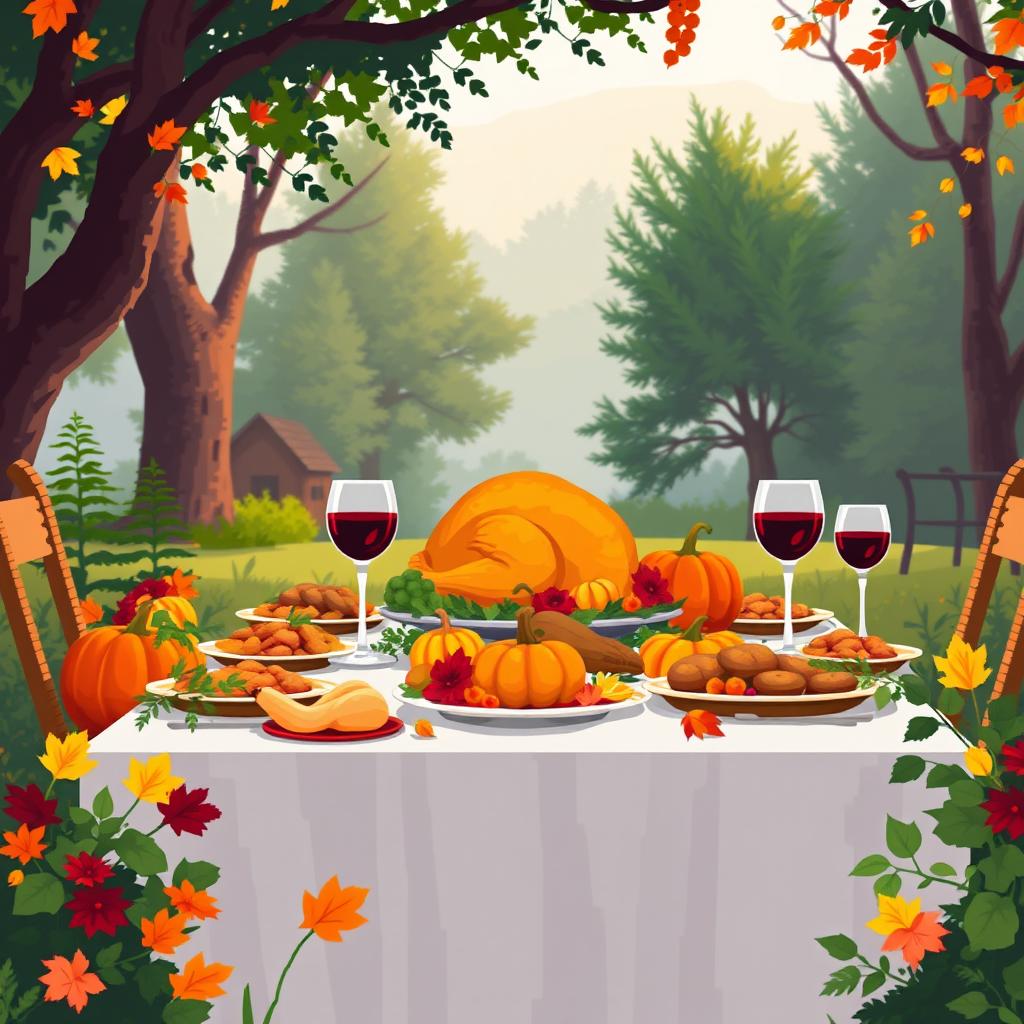 A beautiful outdoor Thanksgiving banquet table set in a serene nature scene, adorned with a vibrant spread of food including a golden roast turkey at the center, a decorative pumpkin, and elegant glasses of red wine