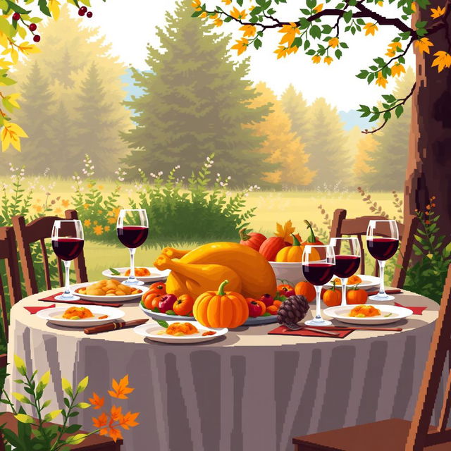 A beautiful outdoor Thanksgiving banquet table set in a serene nature scene, adorned with a vibrant spread of food including a golden roast turkey at the center, a decorative pumpkin, and elegant glasses of red wine