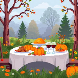 A beautiful outdoor Thanksgiving banquet table set in a serene nature scene, adorned with a vibrant spread of food including a golden roast turkey at the center, a decorative pumpkin, and elegant glasses of red wine
