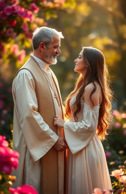 A romantic scene depicting a middle-aged priest in traditional vestments, holding hands intimately with his lover, a beautiful woman with long flowing hair dressed in a soft, elegant dress